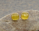 Yellow Chalcedony Faceted 9mm Cushion Micron Gold Plated 925 Sterling Silver Stud Earrings
